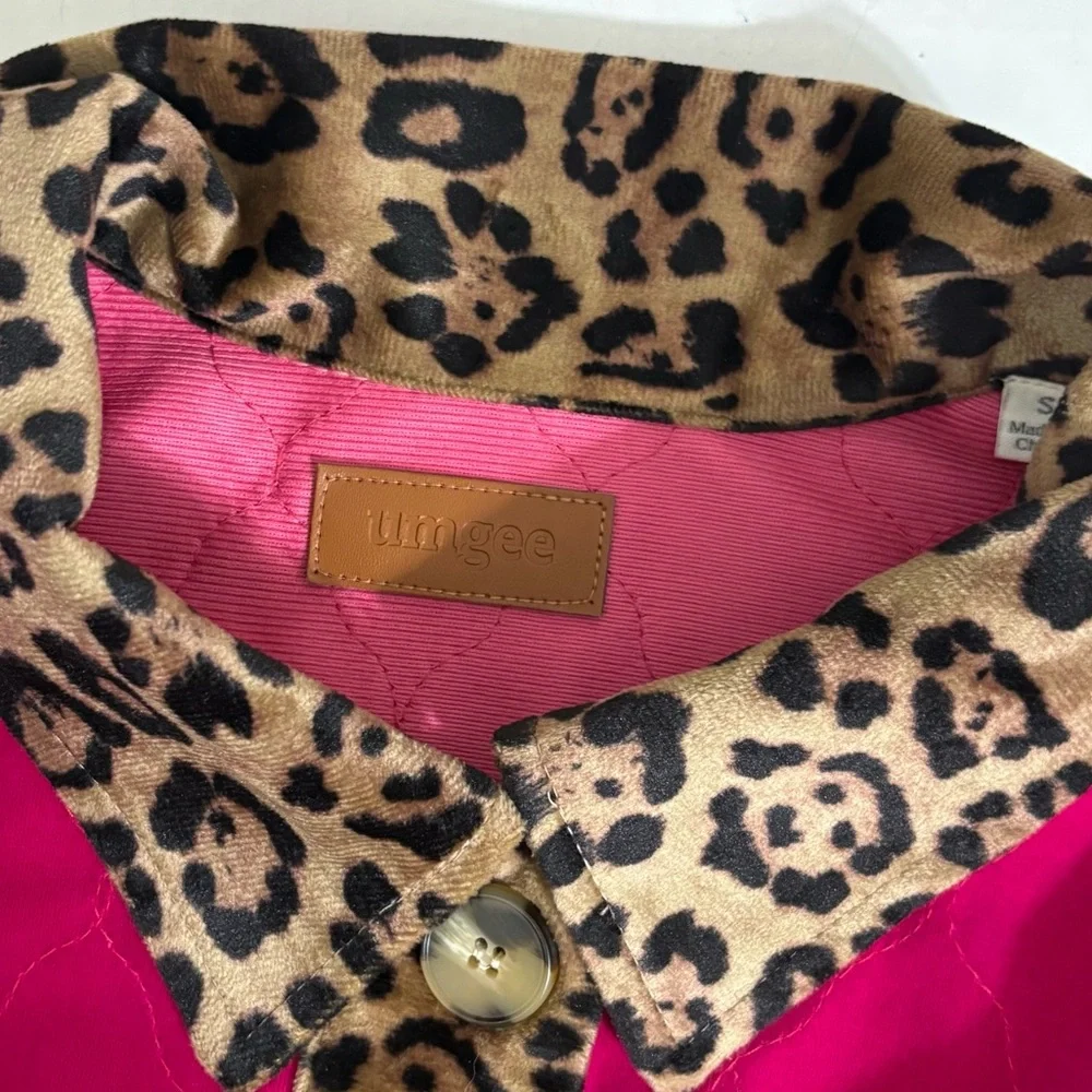 Umgee Size Small Velvet‎ Quilted Pink Button Jacket Leopard Trim Dolman Sleeves